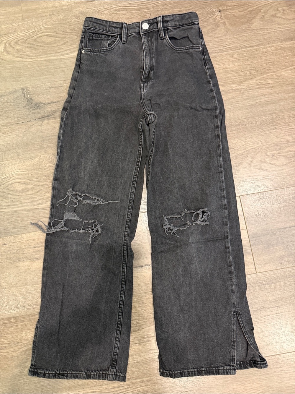 H&M Washed Black Wide-Leg Distressed Jeans